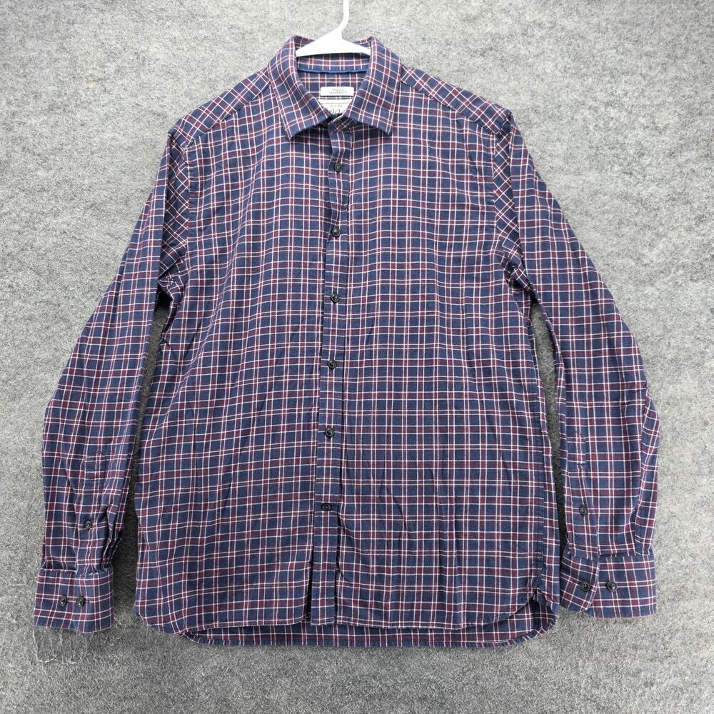 Jos. A. Bank Shirt Mens M Blue Plaid Flannel Long Sleeve Button Up Slim Fit
